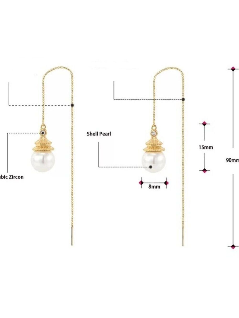 Cultured 7.75mm Pearl Earrings dangling from a 3.5 inch chain 18KY Plated - Picture 7 of 7